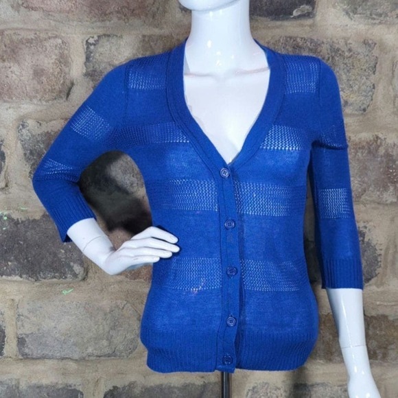 T/O Blue Cardigan Sweater Sheer Striped‎ 3/4 Sleeve Y2K Woman's Size Small - Picture 1 of 11